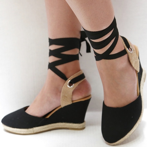 New Black Lace Up Espadrille Wedge Heel Sandals - Picture 2 of 2